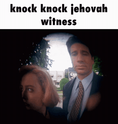 A Man In A Suit And Tie Stands Next To A Woman With The Words Knock Knock Jehovah Witness Above Them GIF