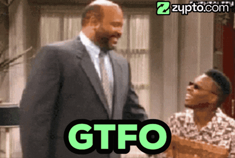 A Man In A Suit And Tie Stands Next To Another Man With The Word Gtfo Written In Green GIF