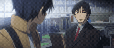 A Man In A Suit And Tie Talking To Another Man In A Library GIF