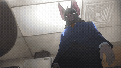 A Man In A Suit And Tie With A Bat Mask On GIF