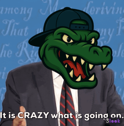 A Man In A Suit And Tie With A Crocodile On His Head And The Words It Is Crazy What Is Going On GIF