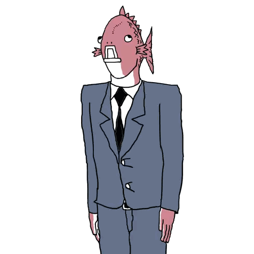 A Man In A Suit And Tie With A Fish Head On His Head Sticker