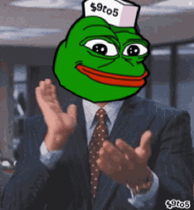 A Man In A Suit And Tie With A Frog On His Head That Says $ 9T05 GIF
