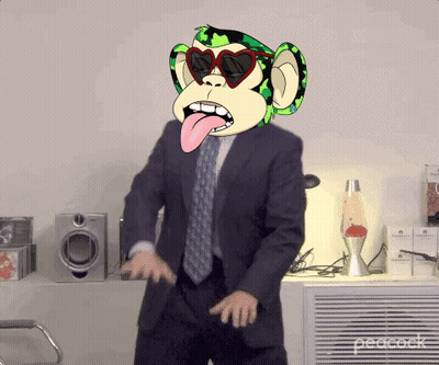 A Man In A Suit And Tie With A Monkey Mask On His Head GIF