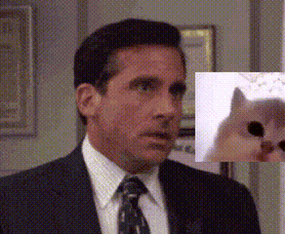 A Man In A Suit And Tie With A Picture Of A Cat In The Background GIF