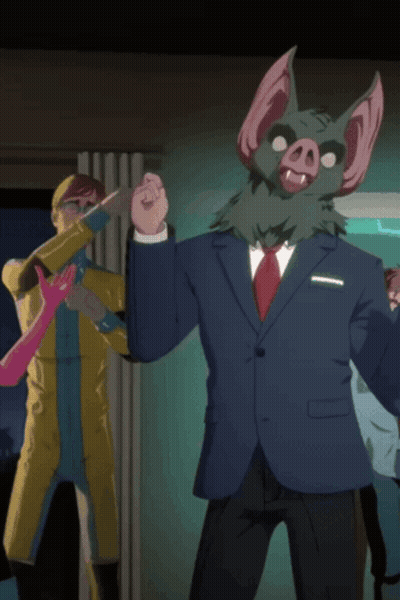 A Man In A Suit And Tie With A Pig Mask On His Head GIF
