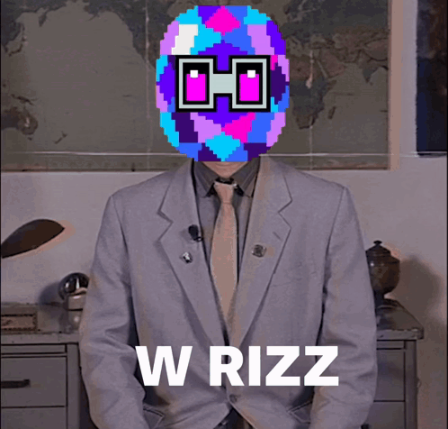 A Man In A Suit And Tie With A Pixelated Face And The Words W Rizz On The Front GIF