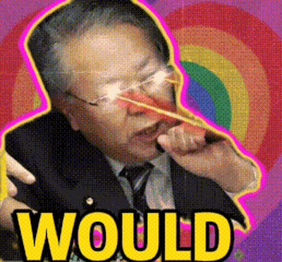 A Man In A Suit And Tie With A Rainbow In The Background Has The Word Would In Yellow Letters GIF