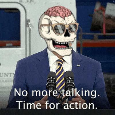 A Man In A Suit And Tie With A Skull On His Head Speaking Into A Microphone With The Words No More Talking Time For Acti GIF