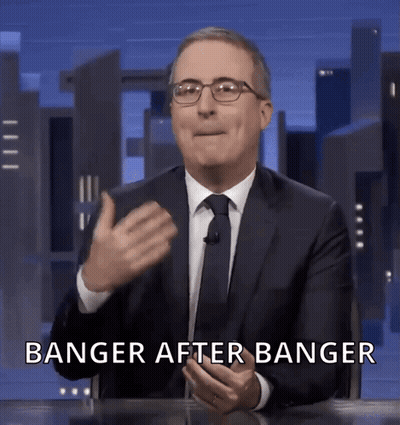 A Man In A Suit And Tie With Banger After Banger Written On The Bottom GIF