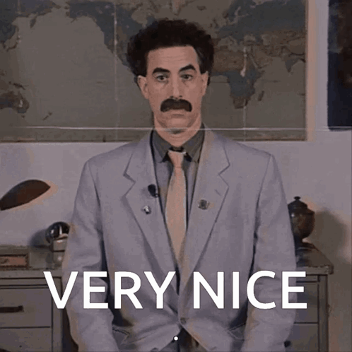 A Man In A Suit And Tie With The Word Very Nice Behind Him GIF