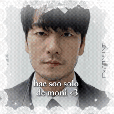 A Man In A Suit And Tie With The Words Hae Soo Solo De Moni < 3 Above His Face GIF