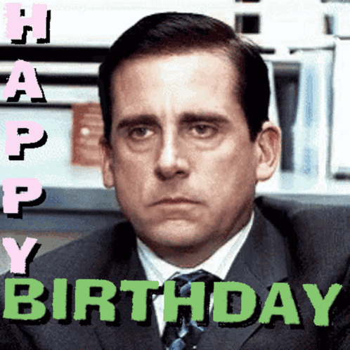 A Man In A Suit And Tie With The Words Happy Birthday Above Him GIF