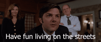 A Man In A Suit And Tie With The Words Have Fun Living On The Streets Written Below Him GIF