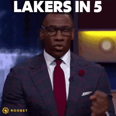 A Man In A Suit And Tie With The Words Lakers In 5 GIF
