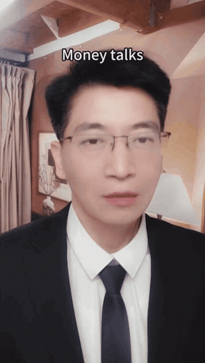 A Man In A Suit And Tie With The Words Money Talks Above His Head GIF