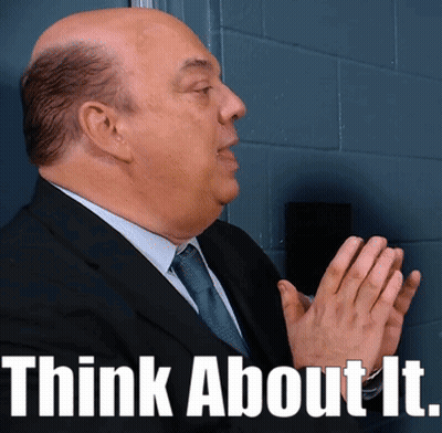 A Man In A Suit And Tie With The Words Think About It Written Below Him GIF