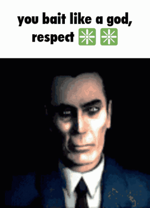 A Man In A Suit And Tie With The Words " You Bait Like A God Respect " Above Him GIF