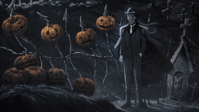 A Man In A Suit And Top Hat Holds A Pumpkin With A Face Carved Into It GIF