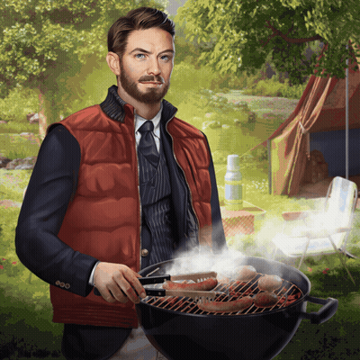 A Man In A Suit And Vest Is Grilling Meat GIF