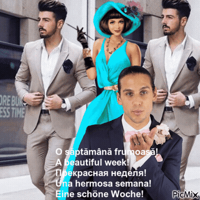 A Man In A Suit Blowing A Kiss With A Woman In A Blue Dress In The Background GIF