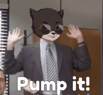 A Man In A Suit Has A Cat Mask On His Face And The Words Pump It GIF