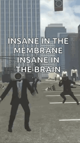 A Man In A Suit Has A Head On His Head And Says Insane In The Membrane Insane In The Brain .. GIF