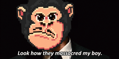 A Man In A Suit Has A Pixelated Monkey Face On His Face And The Words Look How They Massacred My Boy GIF