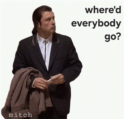 A Man In A Suit Holds His Jacket Over His Shoulder And Says " Where 'D Everybody Go " GIF
