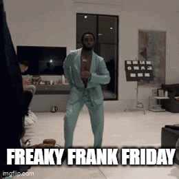A Man In A Suit Is Dancing In A Living Room And The Caption Says Freaky Frank Friday GIF