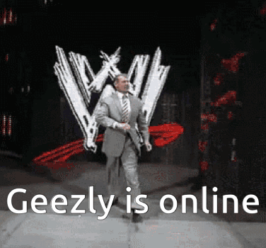 A Man In A Suit Is Dancing In Front Of A Wwe Logo GIF