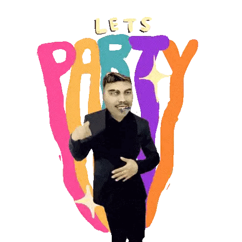 A Man In A Suit Is Dancing In Front Of The Word Party Sticker