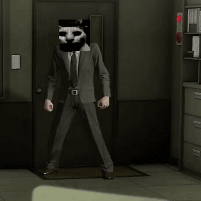 A Man In A Suit Is Dancing With A Cat On His Face GIF