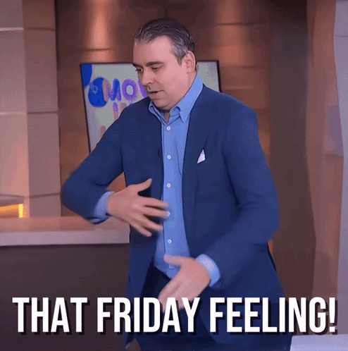 A Man In A Suit Is Dancing With The Words That Friday Feeling Behind Him GIF