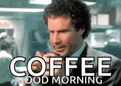 A Man In A Suit Is Drinking A Cup Of Coffee With The Words `` Coffee Good Morning '' Above Him . GIF