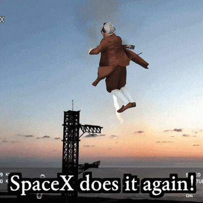A Man In A Suit Is Flying In The Air With The Words Spacex Does It Again Below Him GIF