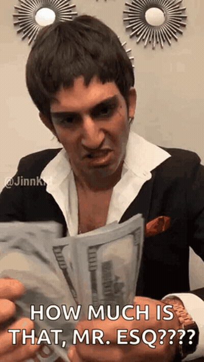 A Man In A Suit Is Holding A Bunch Of Money And Asking How Much Is That , Mr . Esq . GIF