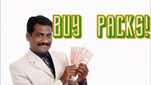 A Man In A Suit Is Holding A Bunch Of Money In Front Of A Sign That Says " Buy Packs " GIF