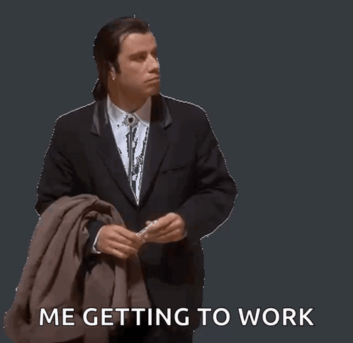 A Man In A Suit Is Holding A Jacket And The Words Me Getting To Work Are Below Him GIF
