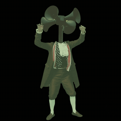 A Man In A Suit Is Holding A Megaphone In Front Of His Face GIF