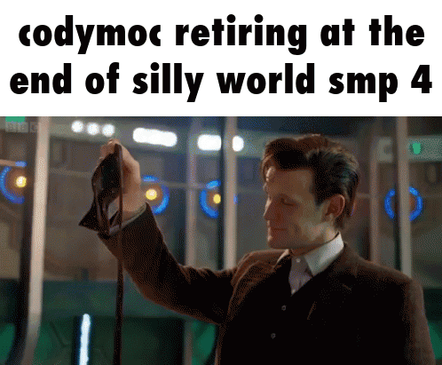 A Man In A Suit Is Holding A Piece Of Paper With The Words Codymoc Retiring At The End Of Silly World Smp GIF