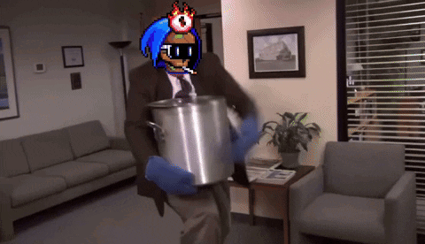 A Man In A Suit Is Holding A Pot In A Living Room GIF