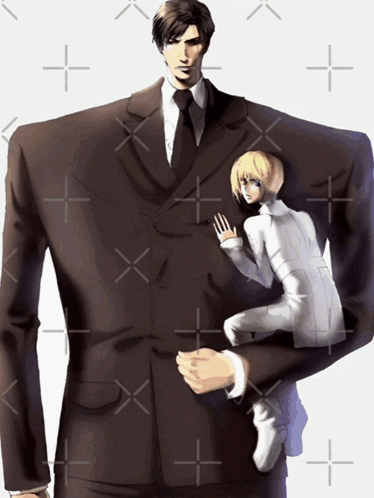 A Man In A Suit Is Holding A Smaller Man In A White Suit GIF