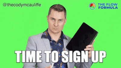 A Man In A Suit Is Holding A Tablet And A Pen In His Nose And Says Time To Sign Up . GIF