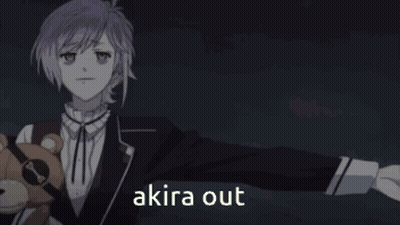 A Man In A Suit Is Holding A Teddy Bear And Says " Akira Out " In White Letters GIF