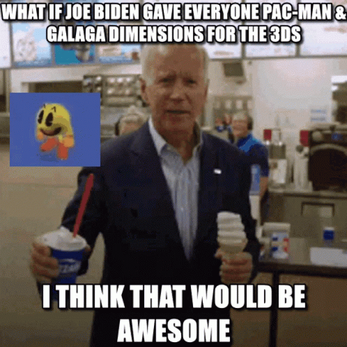 A Man In A Suit Is Holding An Ice Cream Cone And A Pac-Man Cartoon Behind Him GIF