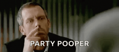 A Man In A Suit Is Holding His Finger To His Nose And Says `` Party Pooper '' . GIF
