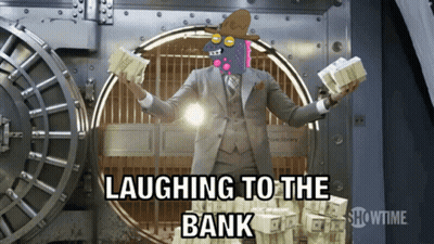 A Man In A Suit Is Holding Stacks Of Money In Front Of A Vault Door That Says Laughing To The Bank GIF