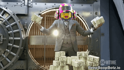 A Man In A Suit Is Holding Stacks Of Money In Front Of A Vault Door That Says Showtime On It GIF
