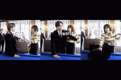 A Man In A Suit Is Kneeling On A Pool Table With A Woman GIF